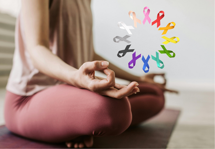 Yogakurs für Menschen mit einer Krebserkrankung Eine Person sitzt beim Yoga im Schneidersitz . Eine Grafik aus bunten Schleifen ziert das Motiv